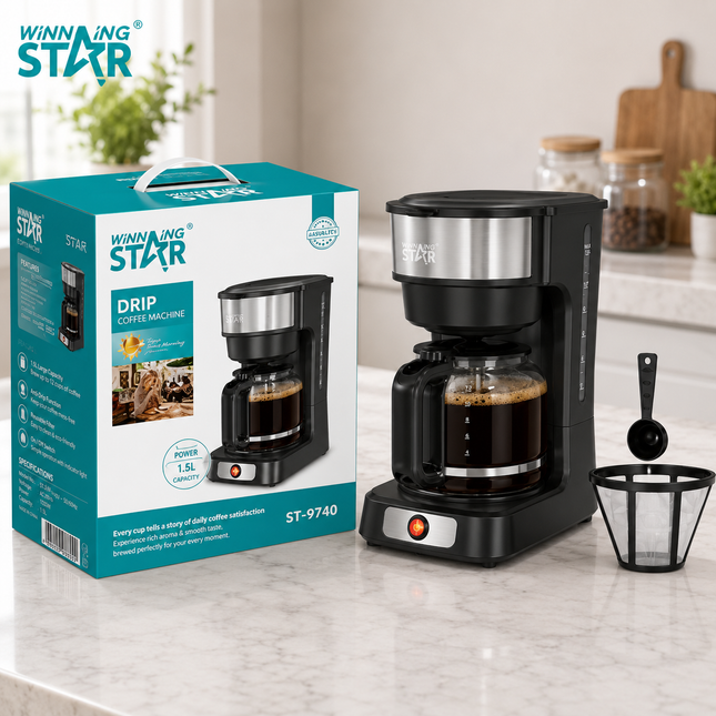 Winning Star 1.5L Drip Coffee Machine 12 Cup Coffee Maker Glass Carafe