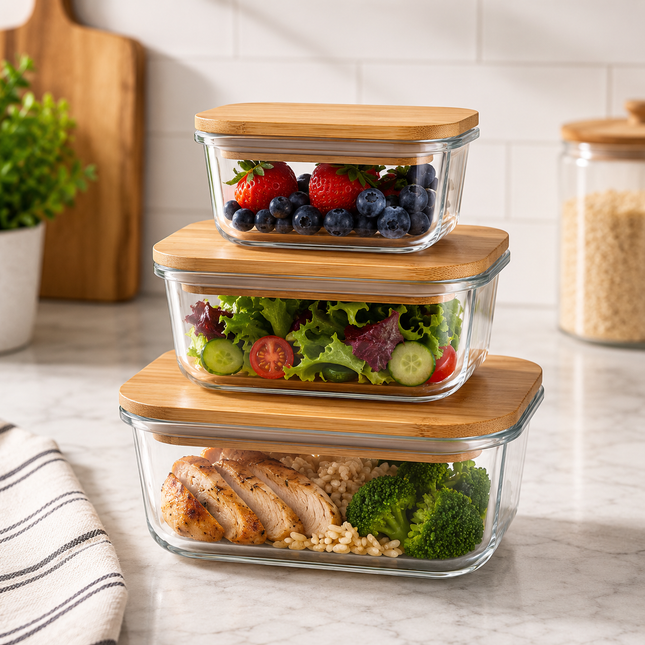 3-Piece Glass & Wooden Kitchen Set Rectangular or Round Design Stylish Serving Set
