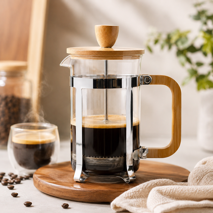 French Press Coffee Maker Glass Carafe, Bamboo Lid & Stainless Steel Filter