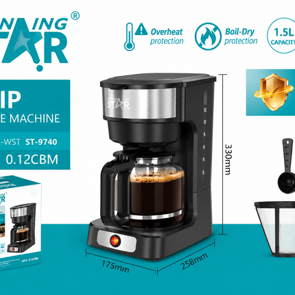 Winning Star 1.5L Drip Coffee Machine 12 Cup Coffee Maker Glass Carafe