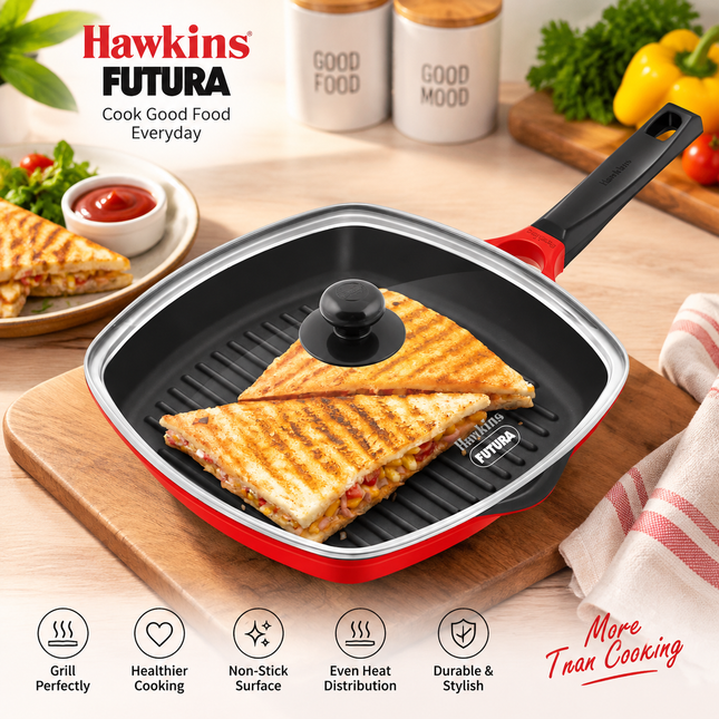 Hawkins Grill Pan 30cm Non Stick Square Ceramic Coated Pan + Glass Lid Sandwich Grilling
