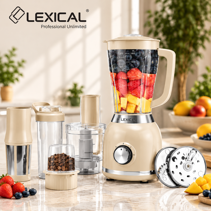 Lexical Germany 600W 7 in 1 Professional Blender Mixer Grinder Juicer .8L Jar Chopper Coffee Grinder & Slicing Attachment