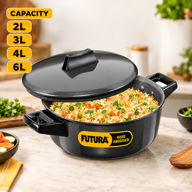 Hawkins Futura Hard Anodised Cook-n-Serve Bowl + Lid – 2L, 3L, 4L, 6L Casserole Pot