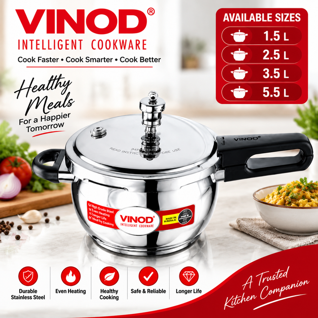 VINOD Stainless Steel Handi Pressure Cooker  Glass Lid 1.5L 2.5L 3.5L 5.5L GAS Induction Compatible