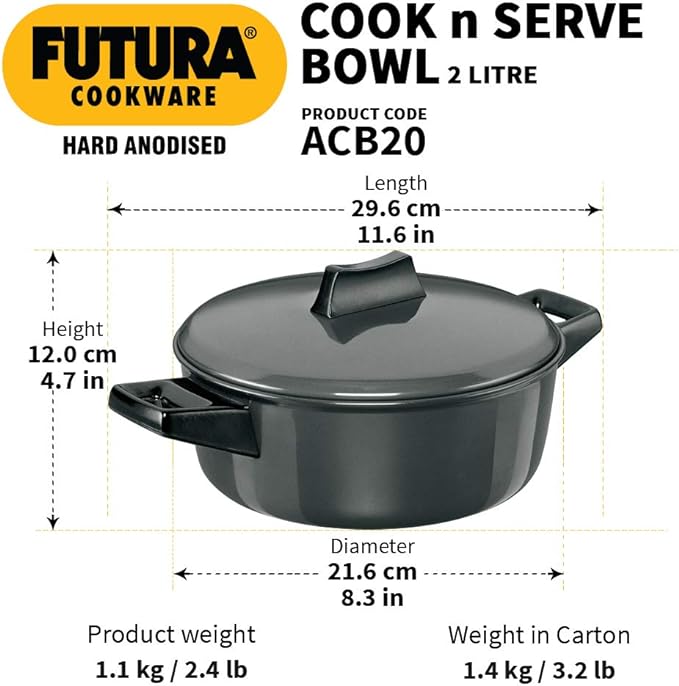 Hawkins/Futura L62 Hard Anodised Cook and Serve Stewpot/Bowl, 2-Liter,Gray,Medium