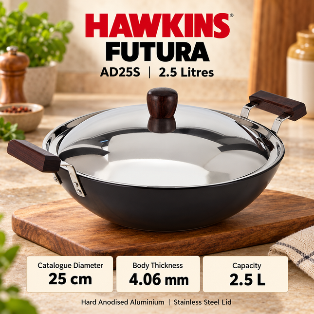 Hawkins Futura AD25S 2.5 litre kadai catalogue diameter 25 cm and body thickness 4.06 mm
