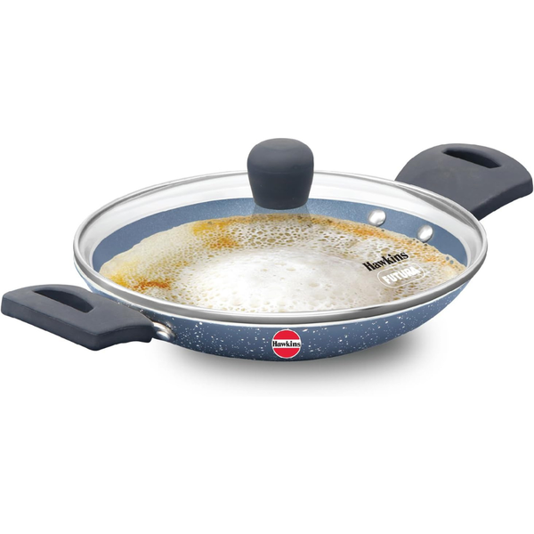 HAWKINS Nonstick Pro 0.9 Litre Appachatty Mini Kadhai Appachatti Appachetty Appam Pot Maker Deep Fry Pan with Glass Lid Granite Kadai