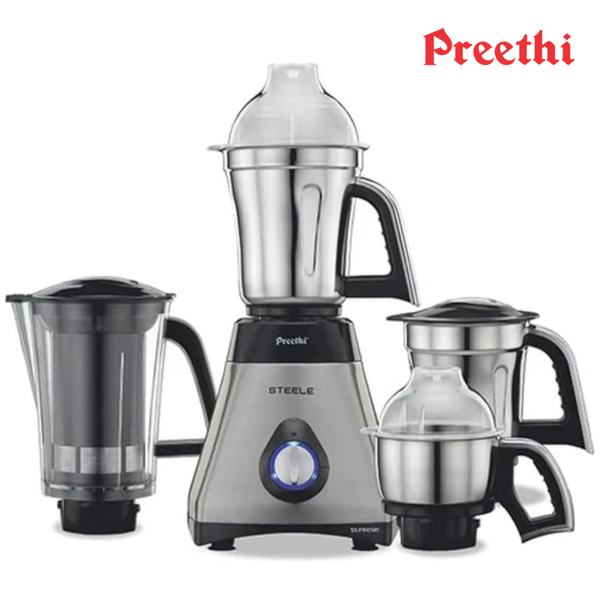 Preethi Steel Supreme 750W MG-208 Indian Mixer Grinder Mixie | 4 Jars + Super Extractor | Powerful Motor for Grinding |(Black/Silver)| 1 Year Motor Warranty|International Plug