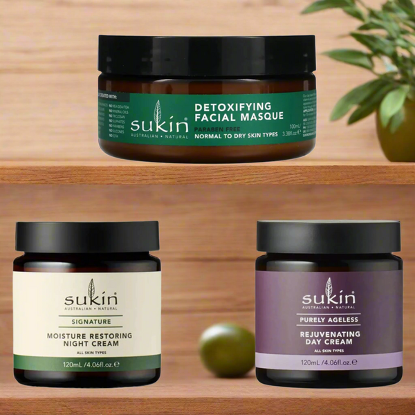 Sukin Organics Bundle Moisture Restoring Night Cream (4.06 Fl. Oz.), Purely Ageless Rejuvenating Day Cream (4.06 Oz), & Super Greens Detoxifying Facial Masque (3.38 Oz)