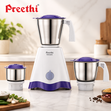 Preethi Crown MG205 500W Indian Mixer Grinder Mixie 3 Jar Wet Dry Chutney White/Purple