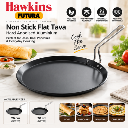 Hawkins Futura 26cm 30cm Non Stick Flat Tava Hard Anodised Aluminium Dosa Tawa PFOA Free Griddle Pan