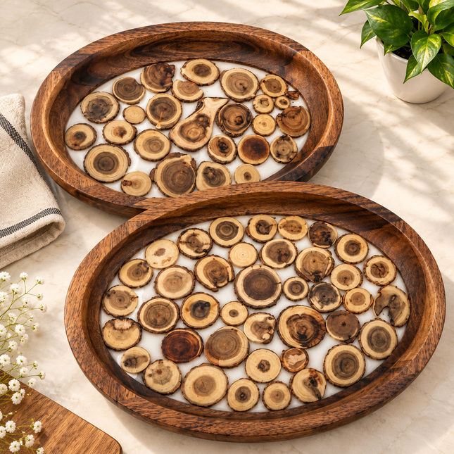 Acacia Wood Serving Tray Set of 2 with Resin Mosaic Tile Design Round Oval Decorative Trays for Breakfast, Tea, Coffee and Home Décor