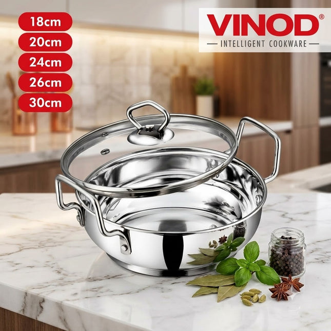 VINOD Stainless Steel Kadai + Glass Lid Deep Indian Kadhai Pan 18cm 20cm 24cm 26cm 30cm Heavy Duty Frying Curries  Stir Fry GAS Induction Compatible Cooking
