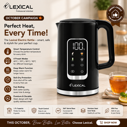 Lexical Germany Electric Kettle 1.7L 2200W Rapid Boil Kettle LED Touch Display Temperature Control