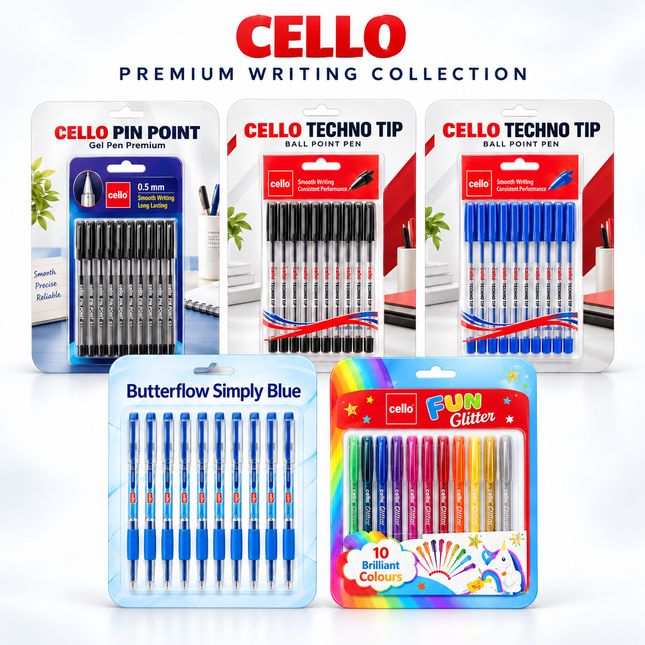 Cello Techno Tip Ball Pens Pack of 10 Blue Ink Smooth Writing Pens