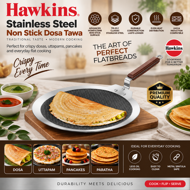 Hawkins Futura Triply Stainless Steel Non Stick Tava 26cm 28cm Shielded Honeycomb Dosa Paratha Pan Induction Compatible
