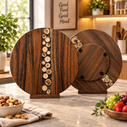 Wooden Serving Board, Lazy Susan Turntable Marble Resin Cheese Charcuterie Platter Chopping Board Kitchen Dining