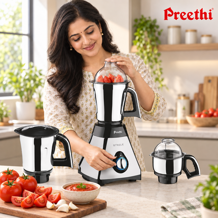Preethi Steele 550W Indian Mixer Grinder Mixie 110V 3 Stainless Steel Jars Dosa Chutney Spices Masala Cooking