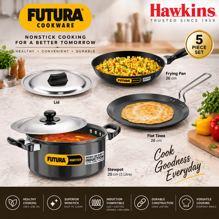 Hawkins Futura 5 Piece Non Stick Cookware Set Induction Compatible Aluminium Frying Pan Flat Tawa Stewpot