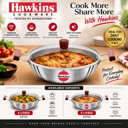 Hawkins Tri Ply Stainless Steel Deep Kadhai 4L 5L Glass Lid Induction Compatible