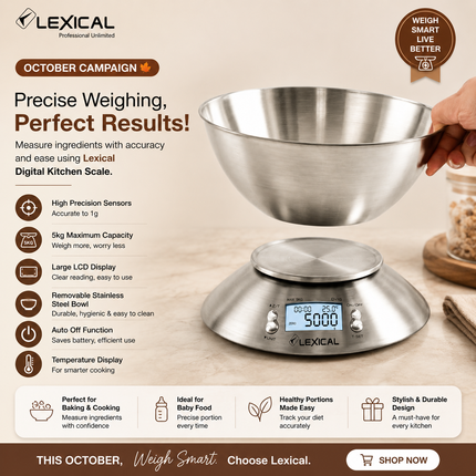 Lexical Germany Digital Kitchen Scale 5kg Food Weighing Stainless Steel Bowl LCD Display Timer & Temperature Sensor