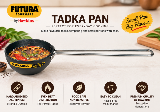 Hawkins Futura Hard Anodised Tadka Pan 1 Cup 2 Cup Sizes Gas Stove Kadai Tava Indian Spices Seasoning Frying Chhonk Long Handle