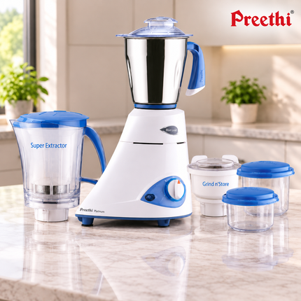 Preethi Blue Leaf Platinum 550W Indian Mixer Grinder 110V US Kitchen Blender with 3 Stainless Steel Jars