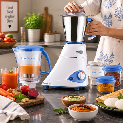 Preethi Blue Leaf Platinum 550W Indian Mixer Grinder 110V US Kitchen Blender with 3 Stainless Steel Jars