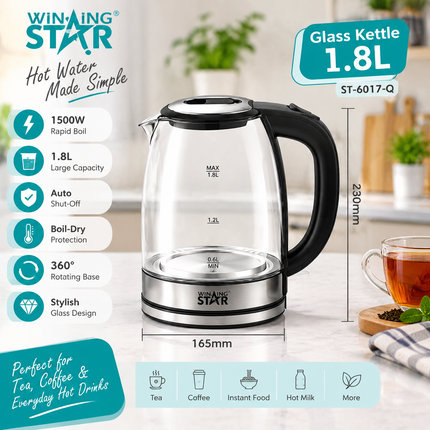 Winning Star 1.8L 1500W Electric Kettle Rapid Boil Glass Stainless Steel Water Boiler Auto Shut-Off