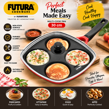 Hawkins 30cm Multi Snack Pan Non Stick Mini Uttapam Pan + Glass Lid