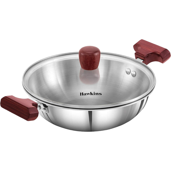 HAWKINS 1.5 , 2.5 Litre Deep Fry Pan, Triply Stainless Steel Kadai with Glass Lid, Flat Bottom Induction Kadhai, Small Kadai, Silver