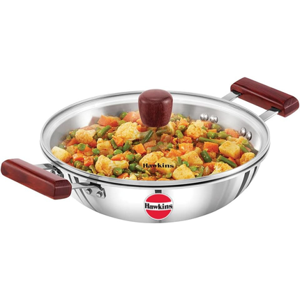 Hawkins Tri Ply Stainless Steel Kadai 1.5L 2.5L Deep Fry Pan Glass Lid GAS Induction Compatible