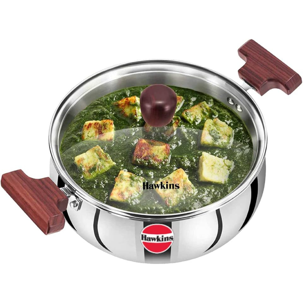 Hawkins 3 , 4 , 5 Litre Cook n Serve Triply Stainless Steel Handi with Glass Lid, Induction Sauce Pan, Biryani Handi, Silver