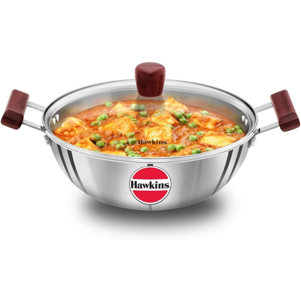 Hawkins Tri-Ply Stainless Steel Induction Compatible Deep Kadhai (Deep-Fry Pan) with Glass Lid, Capacity 4 / 5 Litre, Diameter 28 cm, Thickness 3 mm, Silver