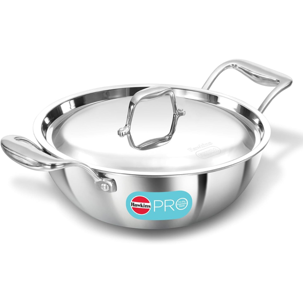 Hawkins Pro 2.5 Litre Deep-Fry Pan, Triply Stainless Steel Kadhai with Stainless Steel Handles and Lid, Silver