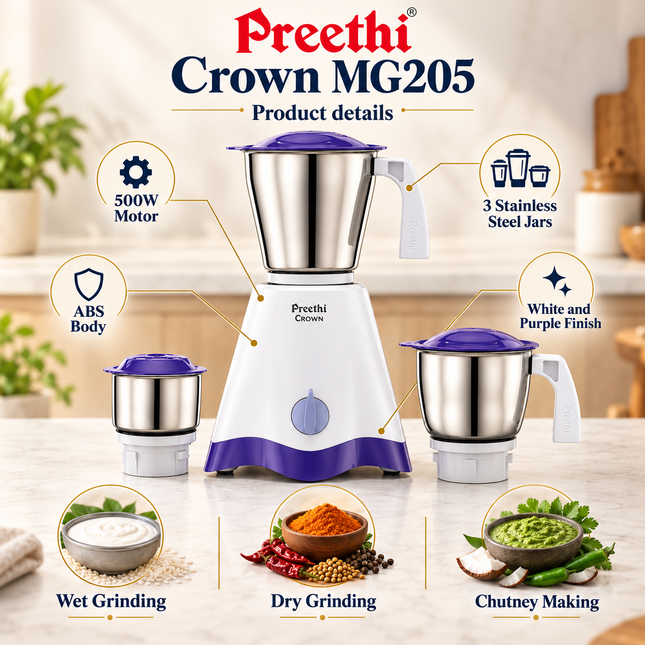 Preethi Crown MG205 500W motor three stainless steel jars ABS body white purple finish product details
