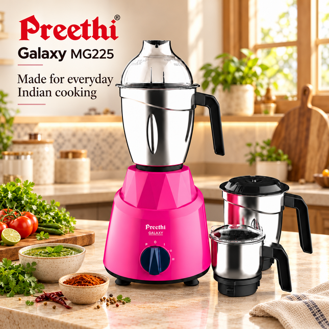 Preethi Galaxy MG225 pink mixer grinder in kitchen with chutney and masala ingredients