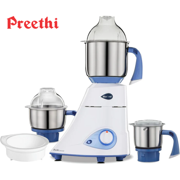 Preethi Blue Leaf Diamond 750-Watt Food Mixer, 3-Piece, Super Extractor & Air-Tight Storage | Heavy-Duty FBT Motor for Dry & Wet Grinding (Blue & White)| International Plug