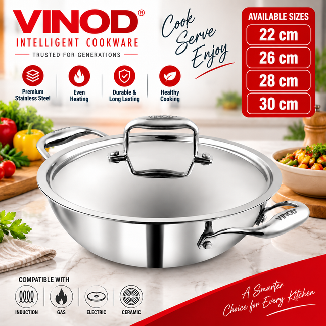 Vinod Platinum triply stainless steel kadai with lid available in 22 cm 26 cm 28 cm and 30 cm sizes