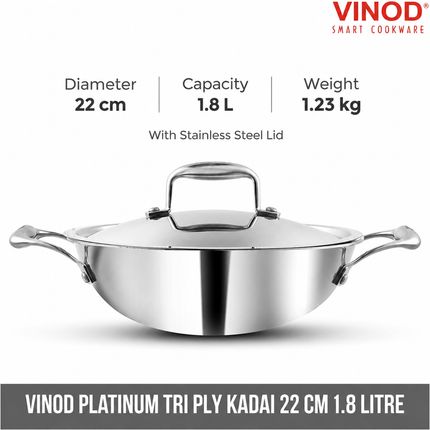 Vinod Platinum triply stainless steel kadai with lid 22 cm diameter 1.8 litre capacity 1.23 kg