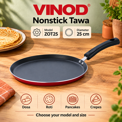 Vinod ZOT25 nonstick dosa tawa 25 cm diameter with red rim and black handle