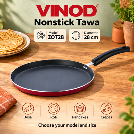 Vinod ZOT28 nonstick dosa tawa 28 cm diameter with red rim and black handle