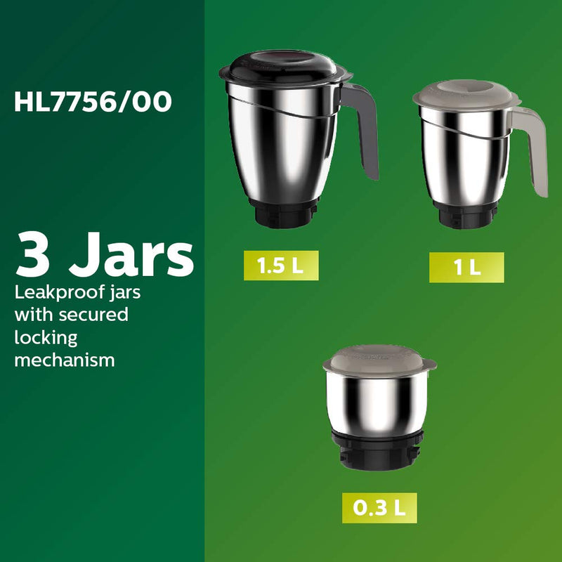 Philips HL7756 Mixer Grinder, 750W, 3 Jars (Black)