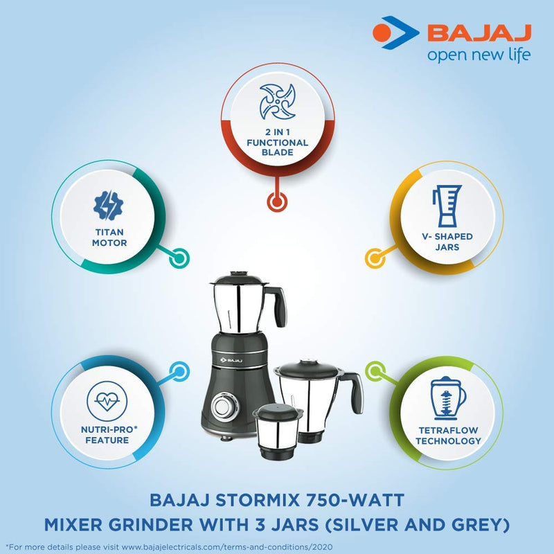Bajaj Stormix 750-Watt Mixer Grinder with 3 Jars (Silver and grey)