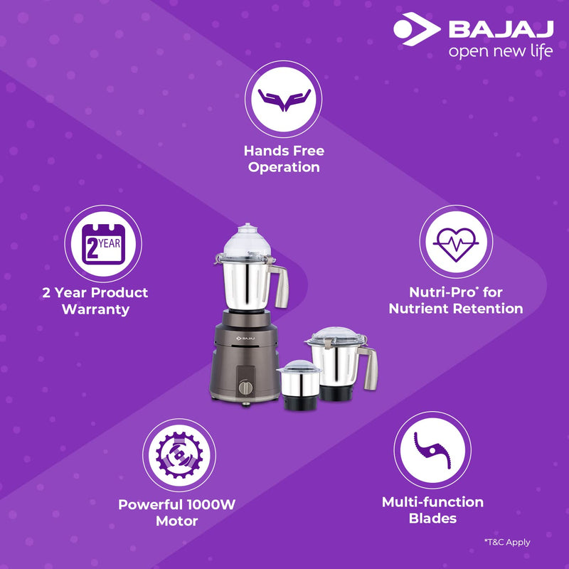 Bajaj Herculo 1000W Powerful Mixer Grinder Indian with Nutri-Pro Feature 3 Jars, Coffee Brown & Gold + UK or EU Plug
