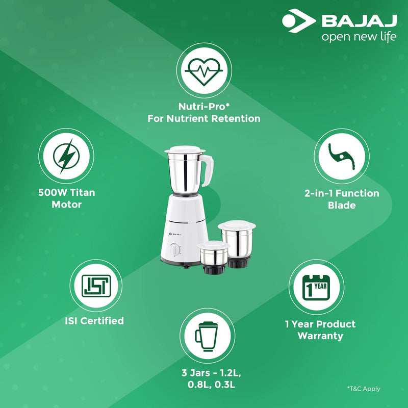 Bajaj 500 Watt GX-1 Mixer Grinder with 3 Jars- white