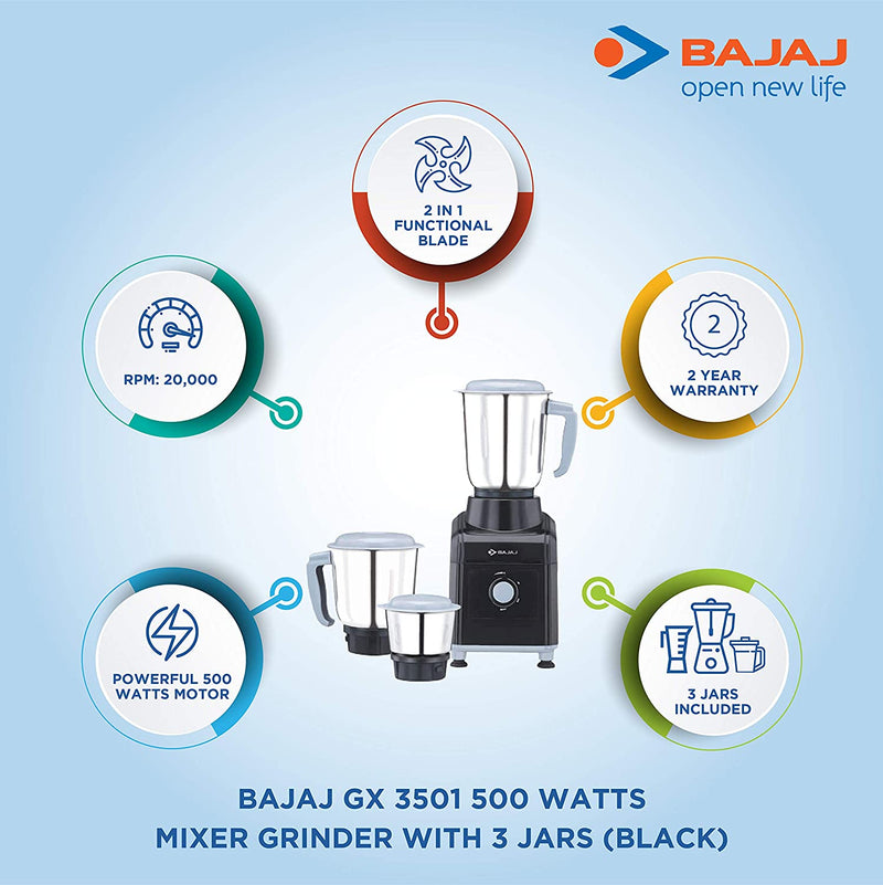 Bajaj GX 3501 500W Mixer Grinder with 3 Jars, Black